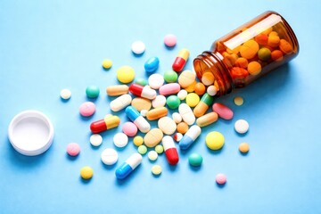 A bottle of pills is open and scattered on a blue surface