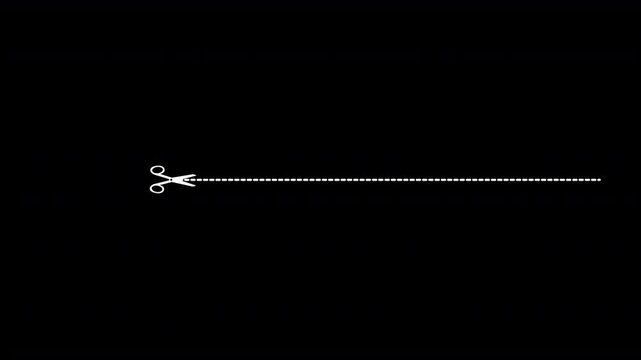 scissors cutting along a white line animation of white classic icon scissors being cut across a horizontal dotted guideline with a plain black background for animated instructional video