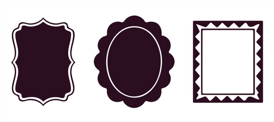 Set of Three Dark Purple Decorative Picture Frames on White Background