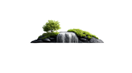 Waterfall on Rocks with Tree on Transparent Background