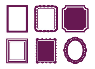 Set of Six Purple Decorative Picture Frames on White Background