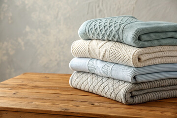 A stack of freshly washed, knitted sweaters on a wooden table