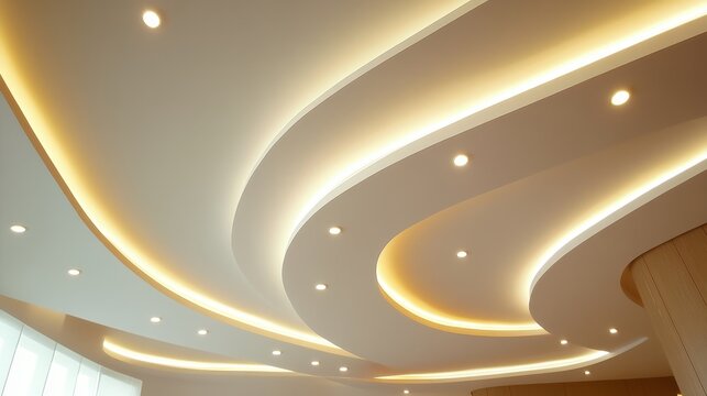 Modern interior ceiling design with elegant curved layers and warm recessed LED lighting