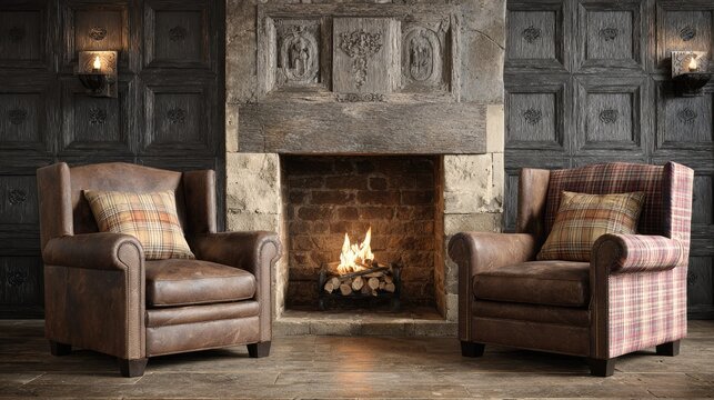 Two comfortable armchairs flank a rustic stone fireplace with a warm fire burning inside