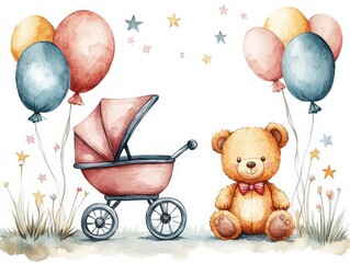 It&rsquo;s and Boy or Girl announcements design in with balloons for girls. Blue balloons and teddy bear for boys. Add name and birth info at bottom if desired. Use for instagram, invitation.
