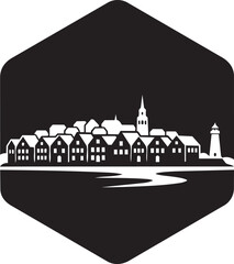 Coastal european town vector illustration featuring waterfront houses and lighthouse landmark