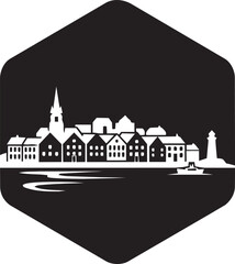 Coastal fishing village in hexagon shape vector icon traditional seaside town silhouette