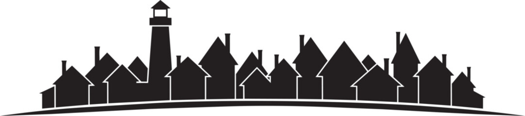 Coastal town skyline silhouette with lighthouse and residential houses on curved ground line