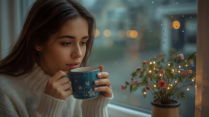 Person in warm sweater sips hot tea from blue mug, enjoying cozy moment by window on rainy day, with soft bokeh city lights and charming illuminated plant.