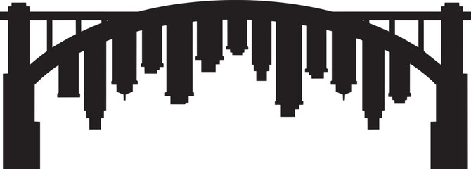 Conceptual city skyline reflection hanging from architectural bridge arch silhouette vector art