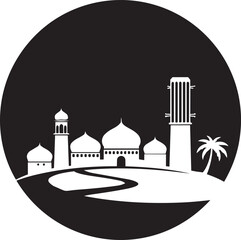 Desert oasis cityscape silhouette in circle with mosque, minarets, palm tree and winding road