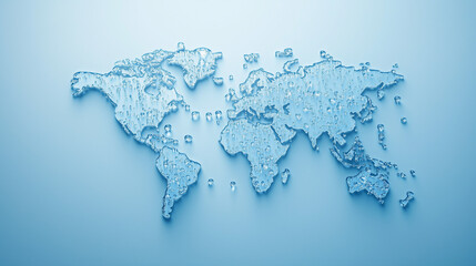 Transparent water splash world map on blue background for global awareness concept
