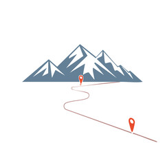 Mountains with a winding road marked by location pins showing a journey vector illustration