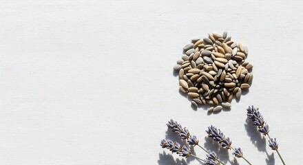 Heirloom seeds and dried lavender sprigs on off-white linen textured surface