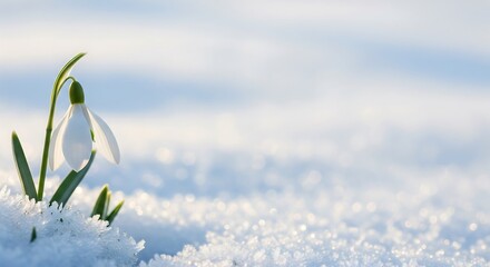 Single white snowdrop flower emerging through melting snow in soft morning light