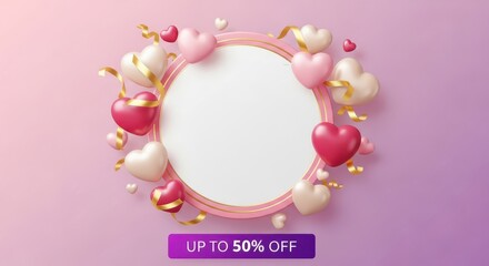 Valentines day sale promotion with heartshaped balloons and a podium, offering a 50 discount on a pink and purple background