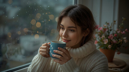 Person in warm sweater sips hot tea from blue mug, enjoying cozy moment by window on rainy day, with soft bokeh city lights and charming illuminated plant.