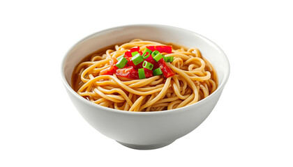 A steaming bowl of noodles with vegetables on transparent background