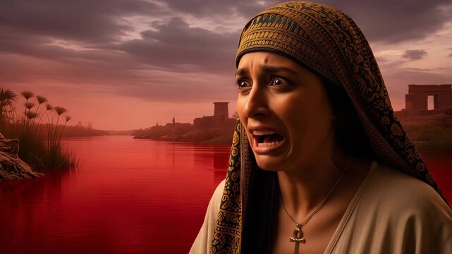 Woman reacts with fear and distress to The first plague of Egypt, a river of blood in a biblical scene