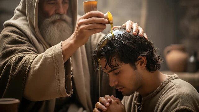 Anointing ritual with a man pouring oil on a kneeling young mans head, a religious biblical scene