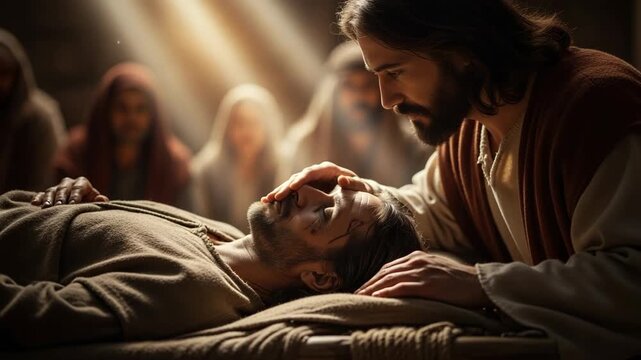 Jesus heals a sick man by touching his forehead, a biblical scene depicting a concept of divine intervention and compassion