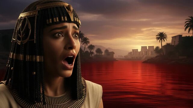 Woman in ancient Egyptian attire reacting with shock to the blood-like red river as part of a biblical plague event.