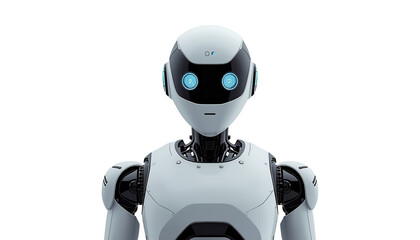 A futuristic robot with glowing blue eyes stands against a black background on transparent background