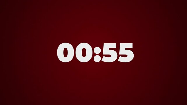 Animated countdown numbers from 01:00 to 0:00. Time, one minute, 60 seconds count down on burgundy red background.