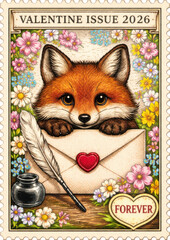 Cute red fox peeks from a love letter with heart seal, surrounded by spring flowers on a vintage Valentine's 2026 postage stamp. Perfect for romance-themed ads and greeting cards.