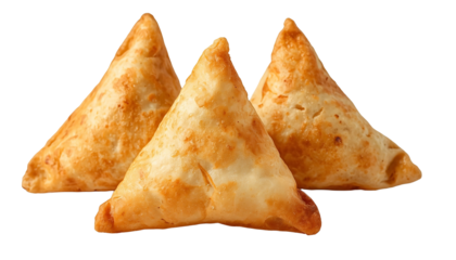 Three crispy samosas on transparent background