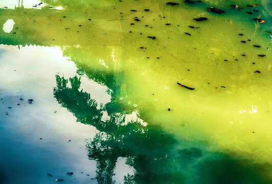 Extreme organic waste pollution in Asian cities. Eutrophication of reservoirs, murky rotten bilge water flows through the channel. flakes in the form of bacteria colonies. Java. Indonesia