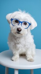 Obraz premium Adorable white dog with blue glasses on a stool