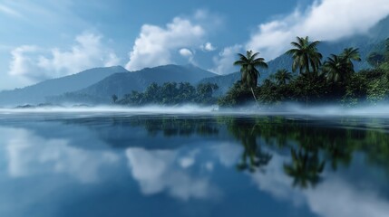 Obraz premium Serene tropical lake with misty mountains and palm trees under a blue sky