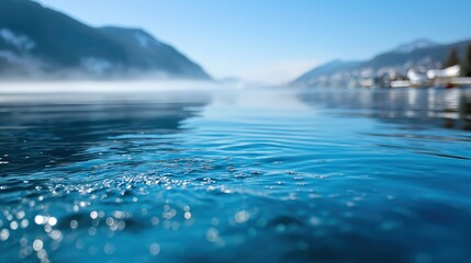 Tranquil mountain lake in winter frost with calm waters and distant snow-capped peaks