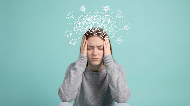 Overwhelmed Man with Chaotic Thoughts, Stress and Mental Overload Concept