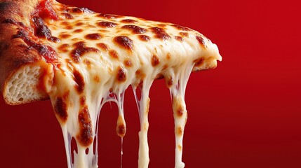 Slice of gooey cheese pizza with melted texture on red background