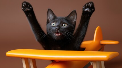 Playful black kitten pretending to fly in an orange toy airplane