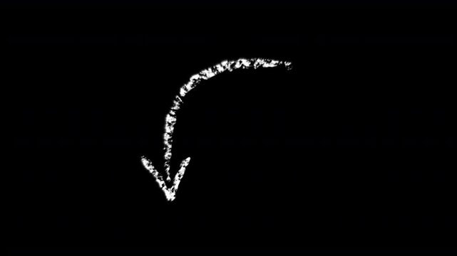 white chalk curved arrow that is animated on screen in a rough sketch freehand hand drawn style and then gently rocks back and forth in a gentle rocking motion   alpha channel invisible background 4K 