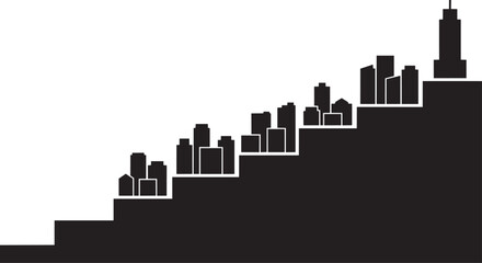Urban growth concept silhouette showing city buildings rising on steps of stairs illustration