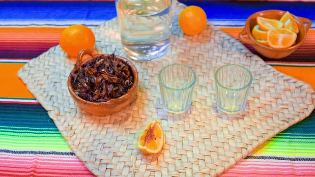 Traditional mexican mezcal tasting with chapulines