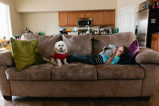 young girl lying on sofa with dog and ipad