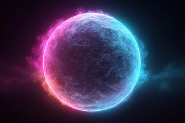 Abstract glowing orb with swirling energy and vibrant pink and blue neon light effects on a dark background