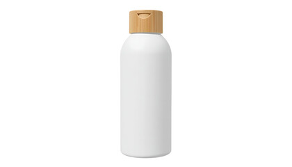 A white reusable water bottle with a bamboo cap stands alone on a transparent background