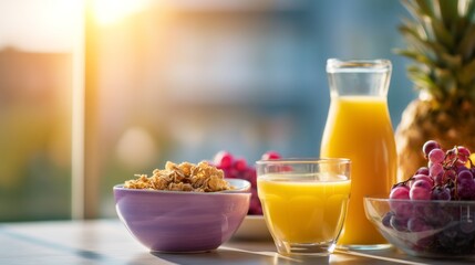 Vibrant Breakfast Scene with Fresh Fruits, Juice, Cereal, and Morning Light Highlighting Healthy Eating and Lifestyle Choices for Wellness