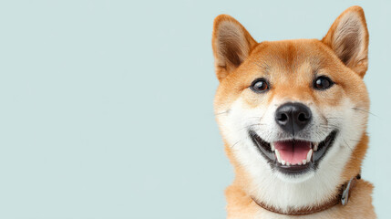 Smiling shiba inu dog, happy pet portrait, cute animal face, friendly expression, isolated on pastel blue background, cheerful mood and copy space for playful design concept