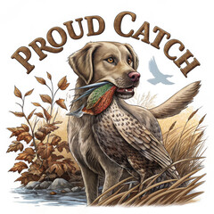 Hunting dog retriever bird dog duck pheasant proud catch autumn marsh illustration Proud hunting dog retriever with bird catch autumn marsh grass beside water, detailed vintage style illustration