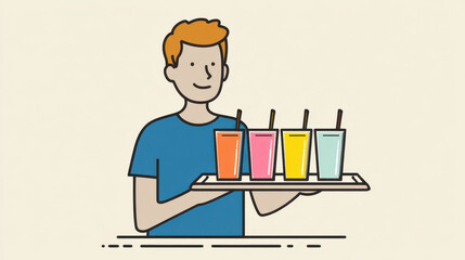 Cartoon man tray colorful drink glass straw refreshment beverage juice smoothie cheerful character holding tray with colorful drink in glass with straw for summer refreshment
