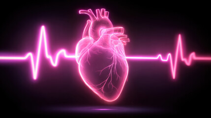 Neon heart anatomy cardiology heartbeat pulse line electrocardiogram healthcare medical glowing pink 3d render futuristic concept illustration of neon human heart with glowing pink heartbeat line