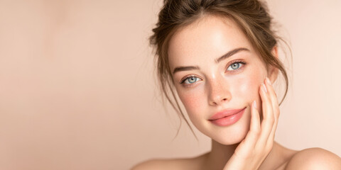 Beauty skincare face woman model portrait makeup natural clean soft beauty skincare face woman model portrait makeup natural clean skin touch hand smile healthy fresh glow nude background minimal