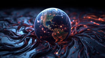 Digital earth global network data connection cyber world glowing sphere technology background futuristic globe world map internet concept virtual grid Digital earth with global network and glowing